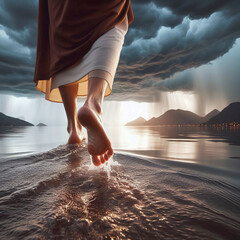Buddhist monk foot in the water with stormy sky background