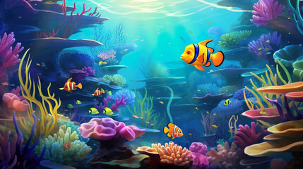  wallpaper design background , Aquarium with clear water, full colorful fish , Generate AI - obrazy, fototapety, plakaty