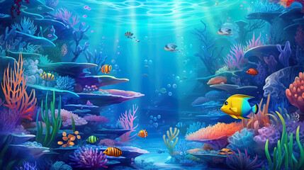 Fototapeta na wymiar wallpaper design background , Aquarium with clear water, full colorful fish , Generate AI