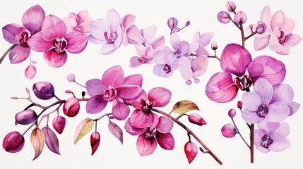 Naklejka na ściany i meble Exotic Watercolor Orchid Blooms in Vibrant Pink and Purple Hues