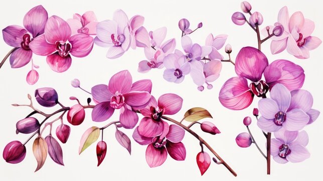Exotic Watercolor Orchid Blooms in Vibrant Pink and Purple Hues