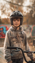 Child in a helmet stands confidently with his bmx bike at a skatepark, showcasing youth and active lifestyle