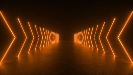 Explore a futuristic tunnel alight with neon glow shapes and reflections on the concrete floor.