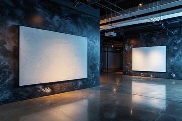 Gallery walls painted in a cool, matte black, hosting two oversized blank canvases. Ambient lighting casts a subtle glow, with a sleek, polished concrete floor below.
