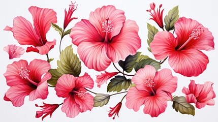 Vibrant Watercolor Hibiscus Blooms in Tropical Shades of Red and Pink