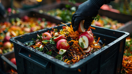 Gloved hands composting a mix of biodegradable waste with apple and carrot scraps for sustainable living. - obrazy, fototapety, plakaty