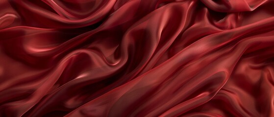 Luxurious burgundy satin fabric flows in soft waves and elegant folds, showcasing the rich texture and warm tones of the material. - obrazy, fototapety, plakaty