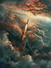 Moody skies with a hyperrealistic scifi missile speeding above, clouds swirling below