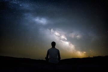 Knowledge and wisdom person gazes at starry sky, contemplating universe - obrazy, fototapety, plakaty