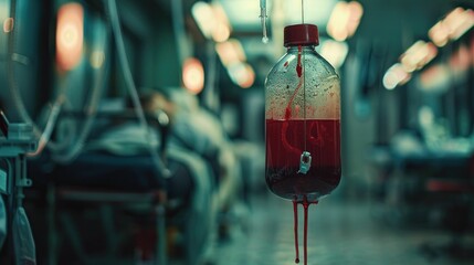 Captivating cinematic portrayal of the critical transfusion process, highlighting the journey of a blood bag - obrazy, fototapety, plakaty