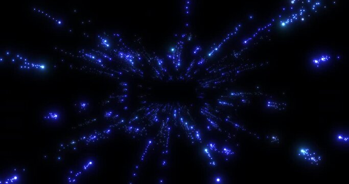 An abstract rectangular tunnel formed by flying blue particles that leave a trail behind them. Black background.