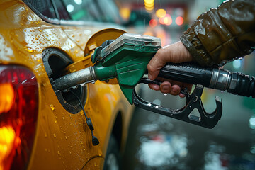 Pouring fuel, gasoline, close-up image of a hand filling a car with gasoline at a gas station