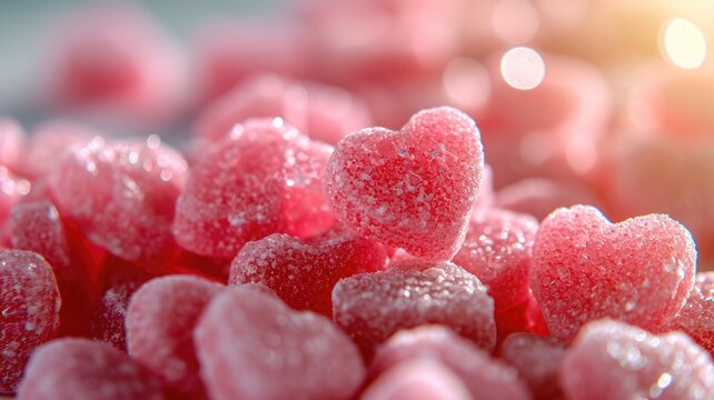 The close up view of picture of a lot of the pink candy, sweet, sugar, and jelly that has been put around the table or floor and gathered together and has been filled with various type sweet. AIGX01.