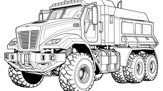 Graphic machinery design: Coloring picture featuring a large truck, outlined for artistic expression.