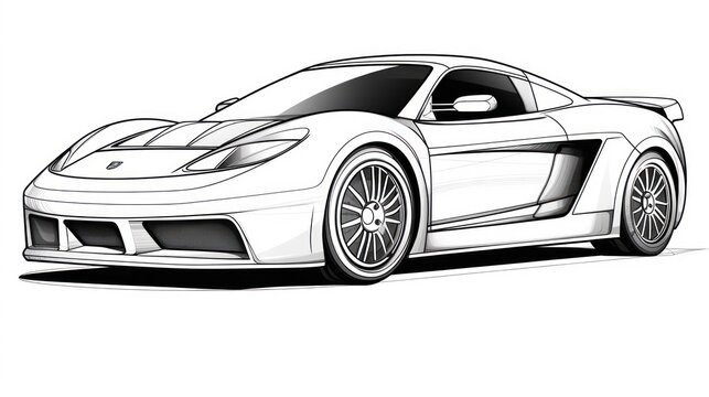 Graphic symbol: Coloring drawing of a sports car, a symbol of speed and luxury, outlined on a white backdrop.