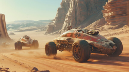 Vintage car race on space planet like Mars, futuristic old rovers drive on desert, fantastic movie...