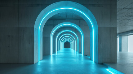 Concrete corridor background, dark garage with lines of blue led light, interior of modern white hall. Concept of studio, hallway, room, technology, building