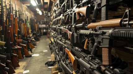 Warehouse with weapon and army equipment, assault rifles in dark storage, illegal smuggle arsenal of guns or store. Concept of war, shop, military industry, background, violence
