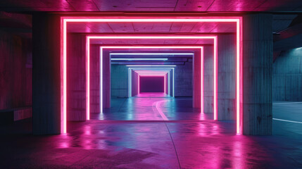 Futuristic neon garage background, dark concrete tunnel with red led light, interior of modern hall. Concept of studio, hallway, room, parking, building
