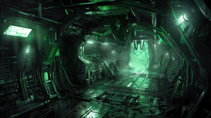 Dark corridor with green light in futuristic spaceship, interior of alien spacecraft like in sci-fi horror movie. Concept of future, space, scary room, spooky background
