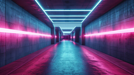 Futuristic neon tunnel background, dark concrete garage with lines of led light, interior of modern...