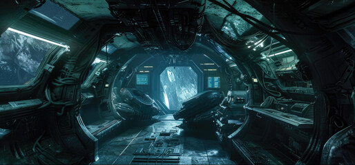 Dark cabin with windows in futuristic spaceship, interior of alien spacecraft like in sci-fi horror movie. Concept of future, space, scary room, fantasy