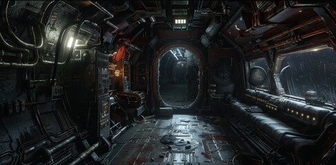 Dark scary corridor in futuristic spaceship, creepy interior of alien spacecraft like in sci-fi horror movie. Concept of future, space, industrial room, fantasy, spooky