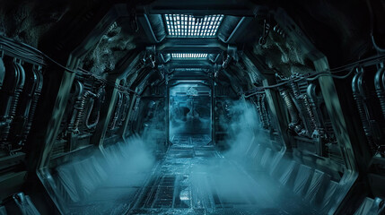Dark corridor with smoke or gas in futuristic spaceship, interior of alien spacecraft like in sci-fi horror movie. Concept of future, space, scary room, fantasy, background