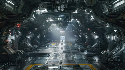 Dark metal corridor with equipment in futuristic spaceship, interior of spacecraft like in sci-fi movie. Concept of future, space, industrial room, fantasy, horror