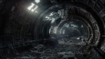 Dark corridor with wreckage in crashed spaceship, interior of abandoned spacecraft like in sci-fi movie. Concept of future, space, wreck, industrial tunnel, background