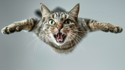 Crazy cat in flight indoor, face of jumping and screaming pet on blurred grey background. Portrait of funny flying domestic animal. Concept of humor, play, energy