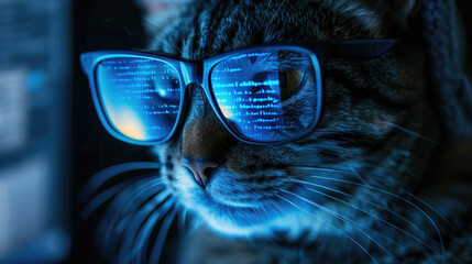 Funny hacker cat works at computer in dark room, digital data reflected in glasses. Concept of spy, technology, hack, animal, cyber security, scam, crime and virus