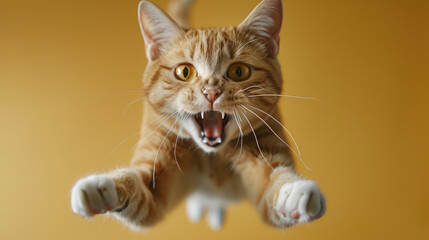 Funny ginger cat in flight indoor, portrait of screaming jumping pet on blurred yellow background. Face of flying domestic animal. Concept of humor, kitten, play, energy
