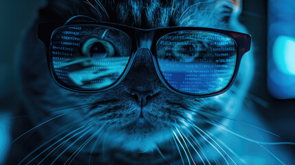 Funny hacker cat works at computer in dark room, digital data reflected in glasses. Concept of spy, ransomware, technology, hack, animal, cyber security, scam, crime