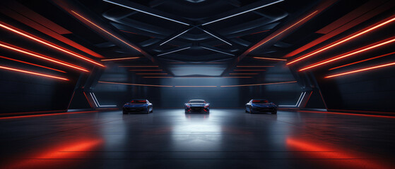 Futuristic garage background, showroom or warehouse with car and neon led light, interior of dark modern hall, panoramic view. Concept of room, studio, technology, future, parking
