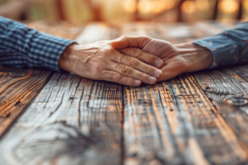 Obraz premium One person offering comfort to another by placing a hand over theirs on a textured wooden table, symbolizing empathy and support care compassion understanding help trust reassurance