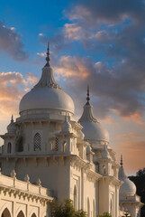 Fototapeta na wymiar Stunning Sunset Over Historical White Domes with Intricate Design, Islamic Architecture Influence