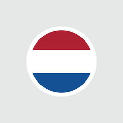Flag of the Netherlands (Holland) in a round shape. Tricolor: red, white, blue colors. Three horizontal stripes. Isolated vector illustration on gray background.