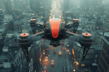 A Futuristic Drone Soars Over Traffic in a Gloomy, Urban Setting - 772448900