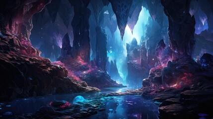 Radiant Cavern Entrance with Glowing Crystals and Illuminated Water Droplets in a Fantasy Inspired Digital Artwork - obrazy, fototapety, plakaty