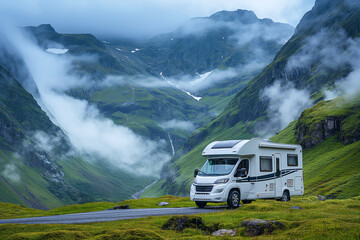 Majestic Mountain Valley Landscape with Modern Motorhome on a Road Trip Adventure - obrazy, fototapety, plakaty