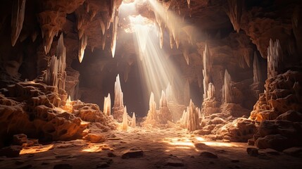 Captivating Cave Entrance with Shimmering Shafts of Light Illuminating Crystalline Formations on the Sandy Floor