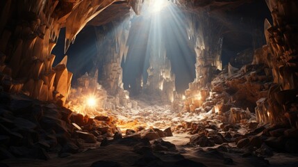 Captivating Cavern Entrance Illuminated by Incandescent Sunlight Beams Reflecting Off Glittering Crystal Formations - obrazy, fototapety, plakaty