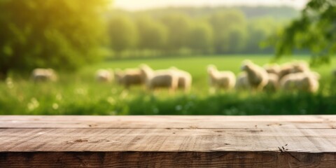 The empty wooden brown table top with blur background of sheep pasture. Exuberant image. generative AI