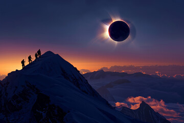 Majestic Eclipse Over Snowy Peaks With Climbers in Silhouette Witnessing, Solar Eclipse 2024, April 8 - 772449324
