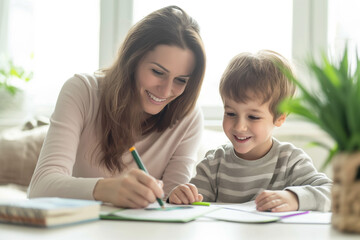 Mother teaching her lovely son to do homework with a smile. Cute little boy and mom doing homework together at home. Parenting Philosophies