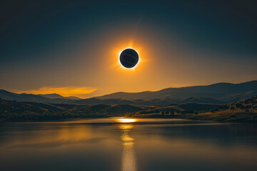Solar Eclipse Over Serene Landscape with Reflecting Water and Rolling Hills, Solar Eclipse 2024, April 8 - 772449337
