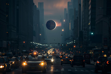 Futuristic Cityscape with Eclipse, Dusk Atmosphere, and Urban Mood, Solar Eclipse 2024, April 8 - obrazy, fototapety, plakaty