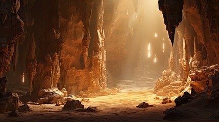 Beautifully Illuminated Mystical Cave Entrance Adorned with Glistening Stalactites and Stalagmites Bathed in Soft Warm Light Evoking a Romantic and - obrazy, fototapety, plakaty