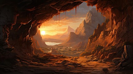 Dramatic Watercolor Style Cave Entrance Backlit by Golden Sunset Casting Intricate Shadows Across Rugged Terrain - obrazy, fototapety, plakaty